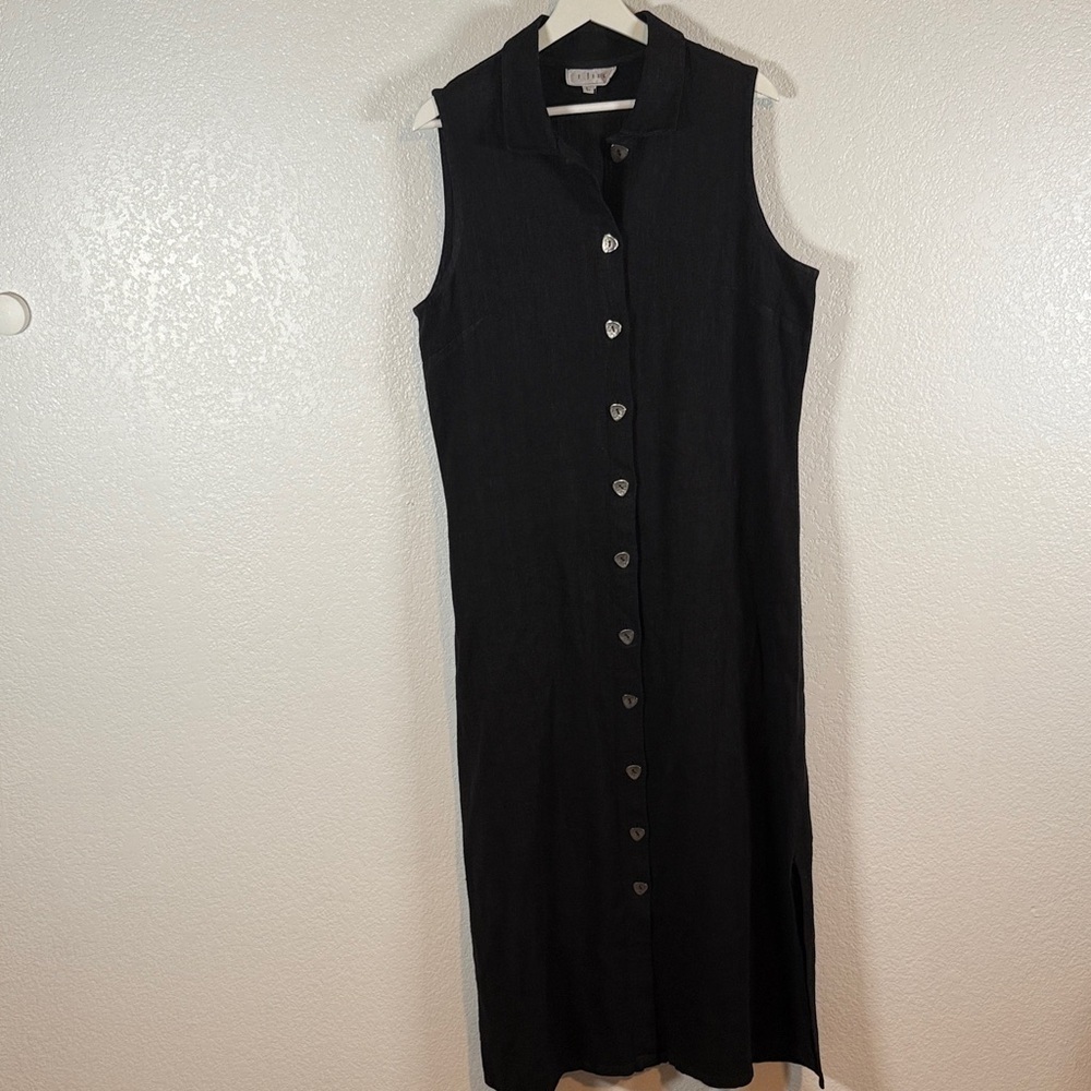 J. Jill Vintage 90s Black Linen Button Down Collared Maxi Dress Size Large